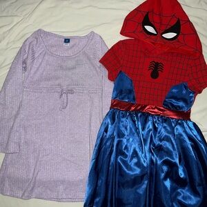 Spider-Themed Red and Blue Dress 7/8 and sparkly purple dress 6/7